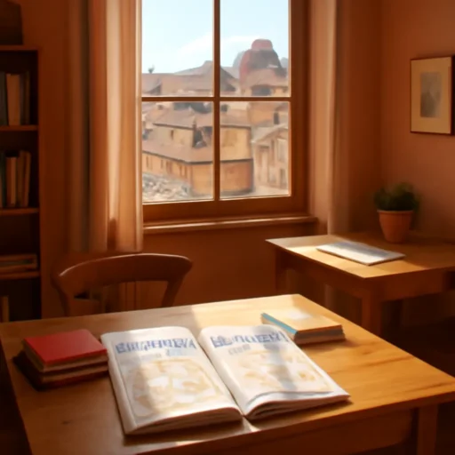 Sala moderna e luminosa con tavoli contenenti libri and mappe turistiche su Firenze economica