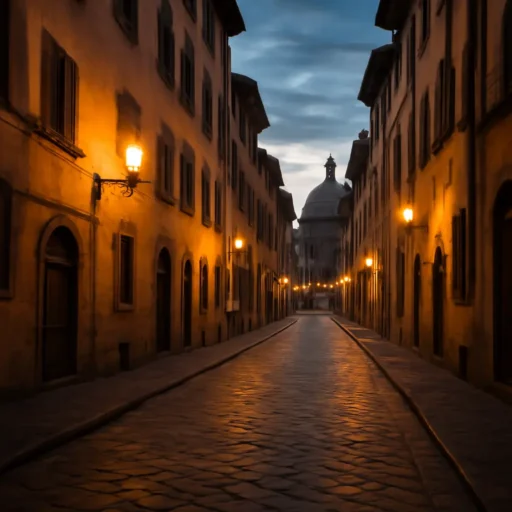 Vicolo fiorentino storico illuminato da lampioni con atmosfera notturna calma e rassicurante