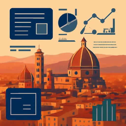 Accurata organizzazione di dati digitali sovrapposta a paesaggio urbano fiorentino, tonalità calde con accenti blu, atmosfera di trasparenza e ordine