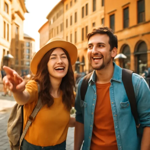 Gruppo di giovani felici immersi in ambiente florido e urbano di Firenze