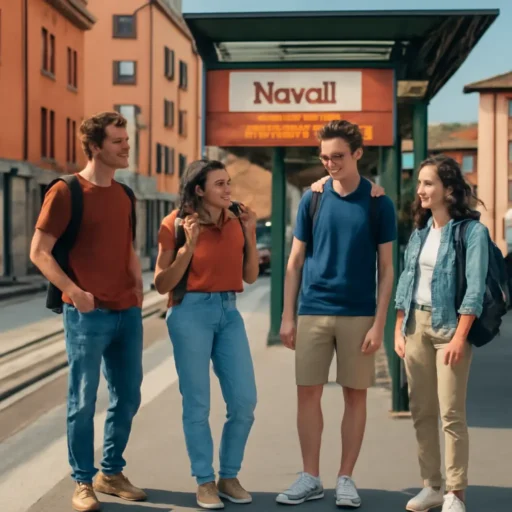 Gruppo di giovani sorridenti in abbigliamento casual in attesa alla fermata del tram con moderni segnali urbani sullo sfondo nel quartiere di Novoli, ore diurne