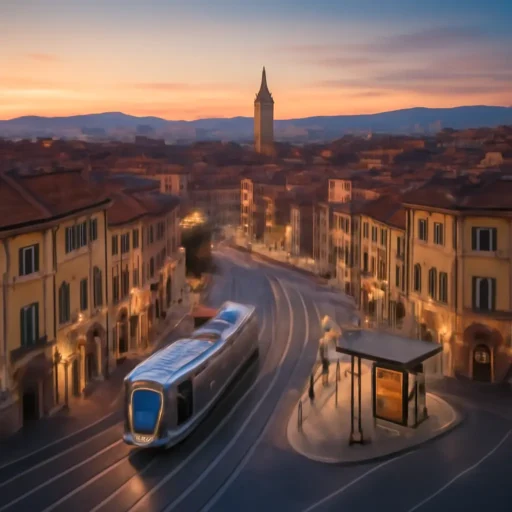 Veduta suggestiva dalle colline sulle lineamenti chiave del quartiere Statuto di Firenze con tratti di tranvia