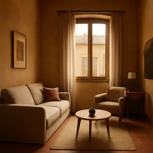 Interno caldo e accogliente di una camera arredata con elementi classici toscani e tocchi moderni, illuminata da luce naturale insieme a tendine leggere