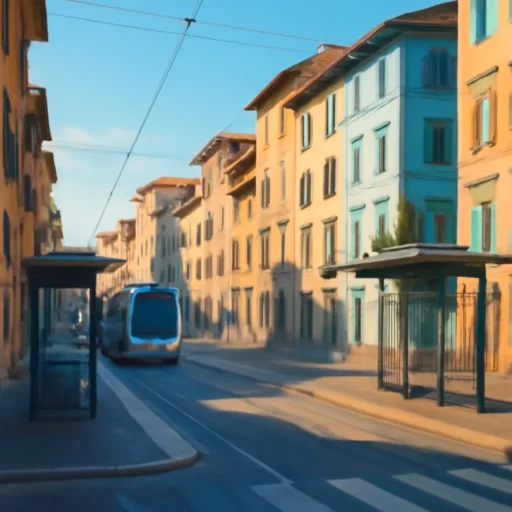 Vista luminosa di una strada trafficata di transitare con edifici residenziali e fermata del tram T1 nel quartiere Statuto