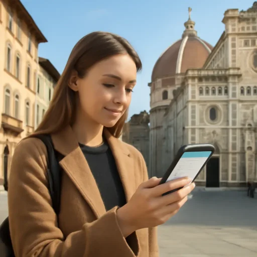 Persona consulta risposte sul proprio smartphone all'aperto nel centro storico di Firenze