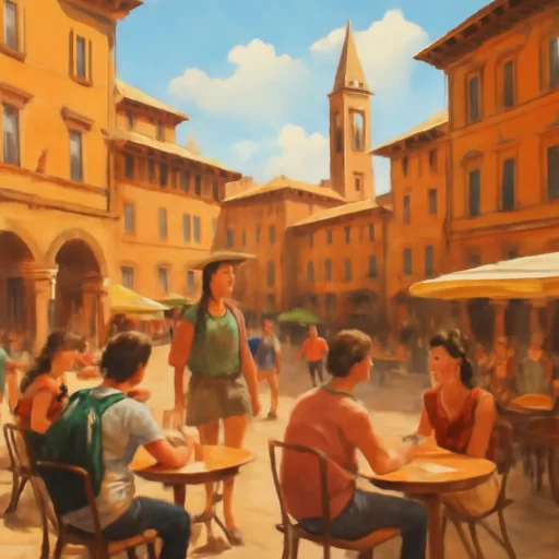 Giovani esploratori si rilassano in un caffè all'aperto sotto il sole nel vivace quartiere Oltrarno a Firenze