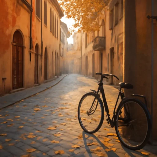 Bicicletta appoggiata ad un muro storico sotto una luce dorata mattutina nel quartiere San Frediano, Firenze