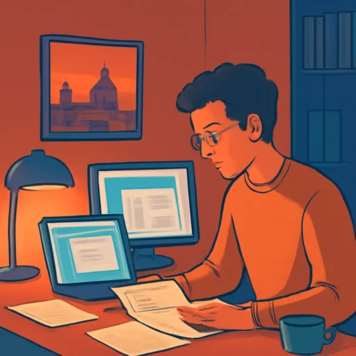 Persona seduta a tavolo luminoso che consulta documenti e dispositivi digitali riguardanti soggiorni economici a Firenze