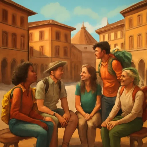 Viaggiatori diversi conversano animatamente su panchine in una piazza soleggiata di un quartiere storico fiorentino