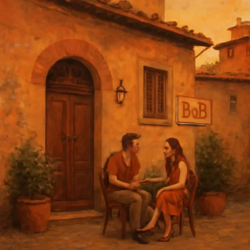 Coppia rilassata al tramonto davanti a un tradizionale B&B nel quartiere storico Oltrarno di Firenze