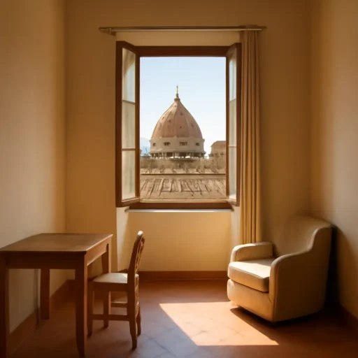 Interno sobrio e ordinato di una stanza economica con finestre aperte e luce naturale a San Lorenzo, Firenze