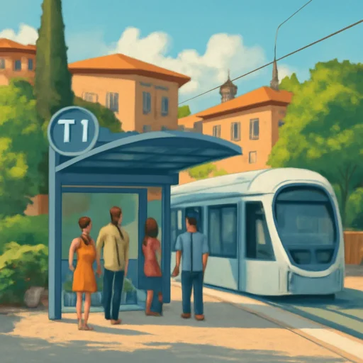 Fermata funzionale e luminosa del tram linea T1 nel quartiere Statuto, con passeggeri in attesa