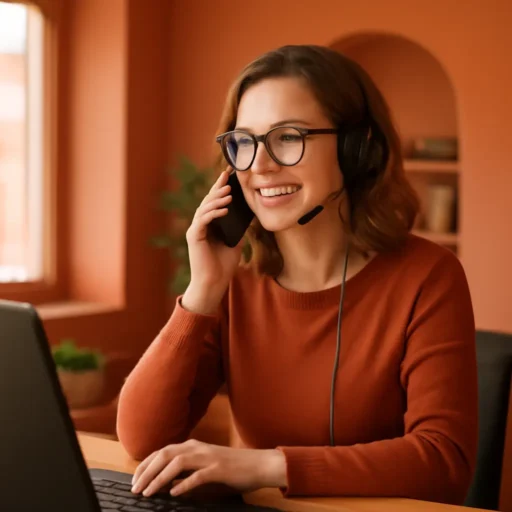 Addetto gentile che risponde telefonate in un ufficio luminoso nel centro di Firenze