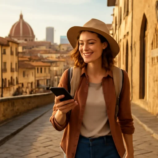 Giovane turista felice consulta il proprio smartphone mentre cammina in una strada lastricata di Firenze