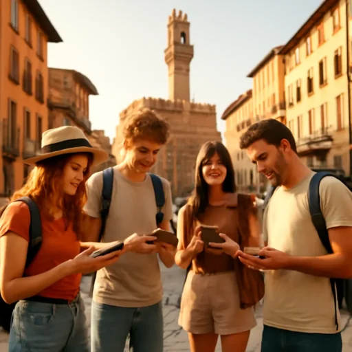 Colorata strada fiorentina animata dai turisti che usano smartphone per cercare alloggi a basso costo