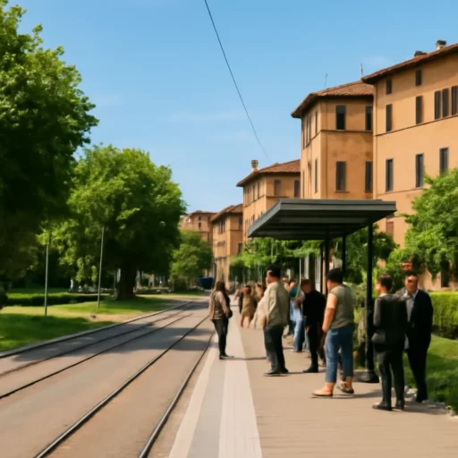 Fermata della tramvia T1 nel quartiere Statuto con passeggeri in attesa immersi nel verde urbano