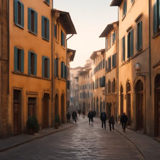 Piano urbano tipico fiorentino con palazzi tradizionali, stradine pedonali e elementi di quotidiana vita cittadina sotto una luce matutina calda