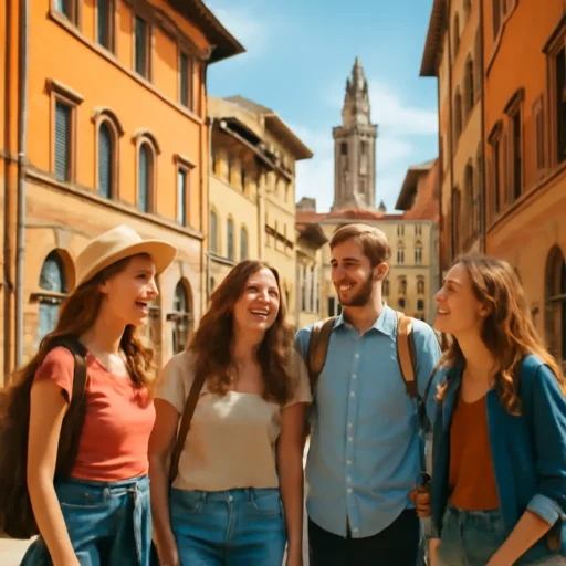 Gruppo di giovani viaggiatori spensierati davanti a storici edifici del centro di Firenze durante il giorno