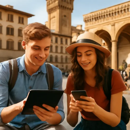 giovani viaggiatori che leggono articoli su dispositivi digitali in piazza Santissima Annunziata a Firenze